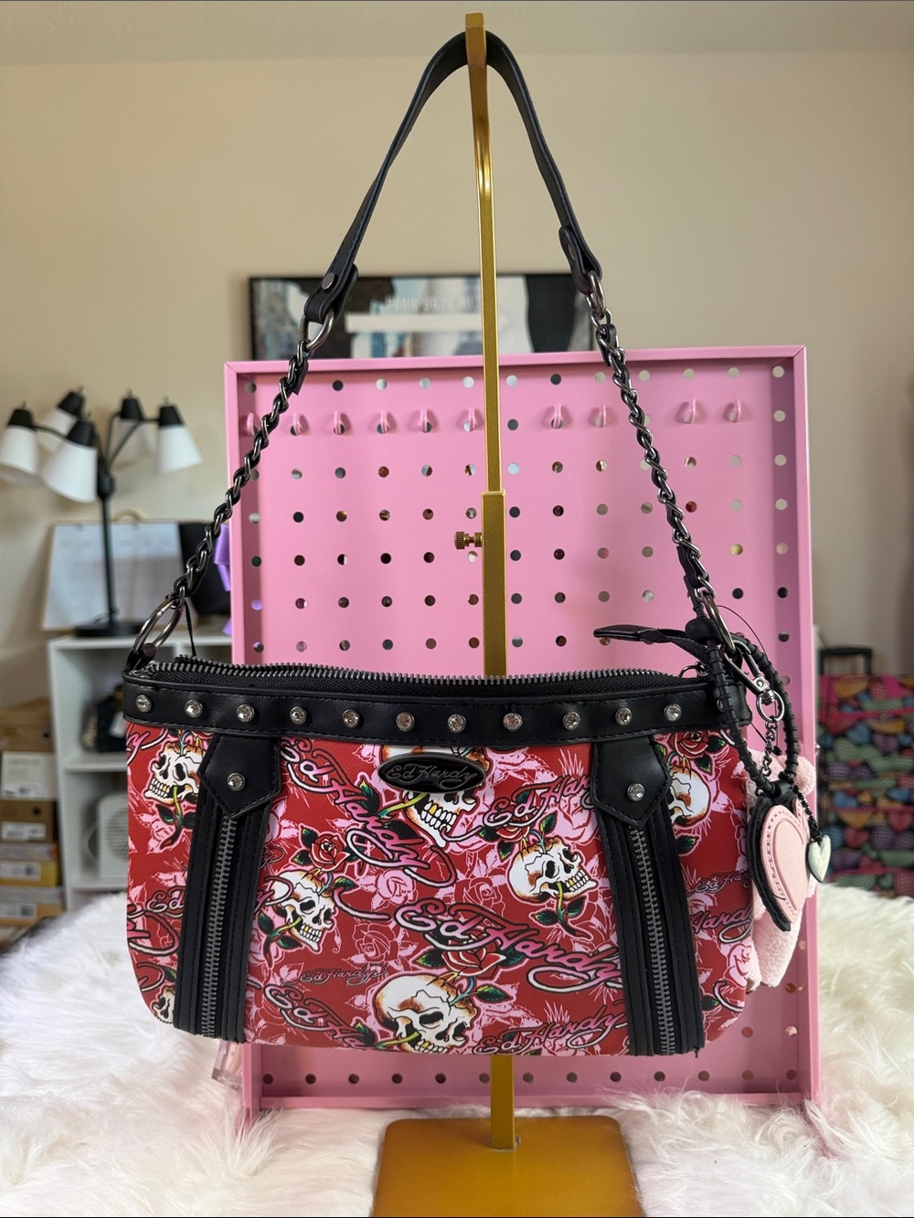 Ed Hardy Red Skull & Rose Shoulder Bag with Black Trim